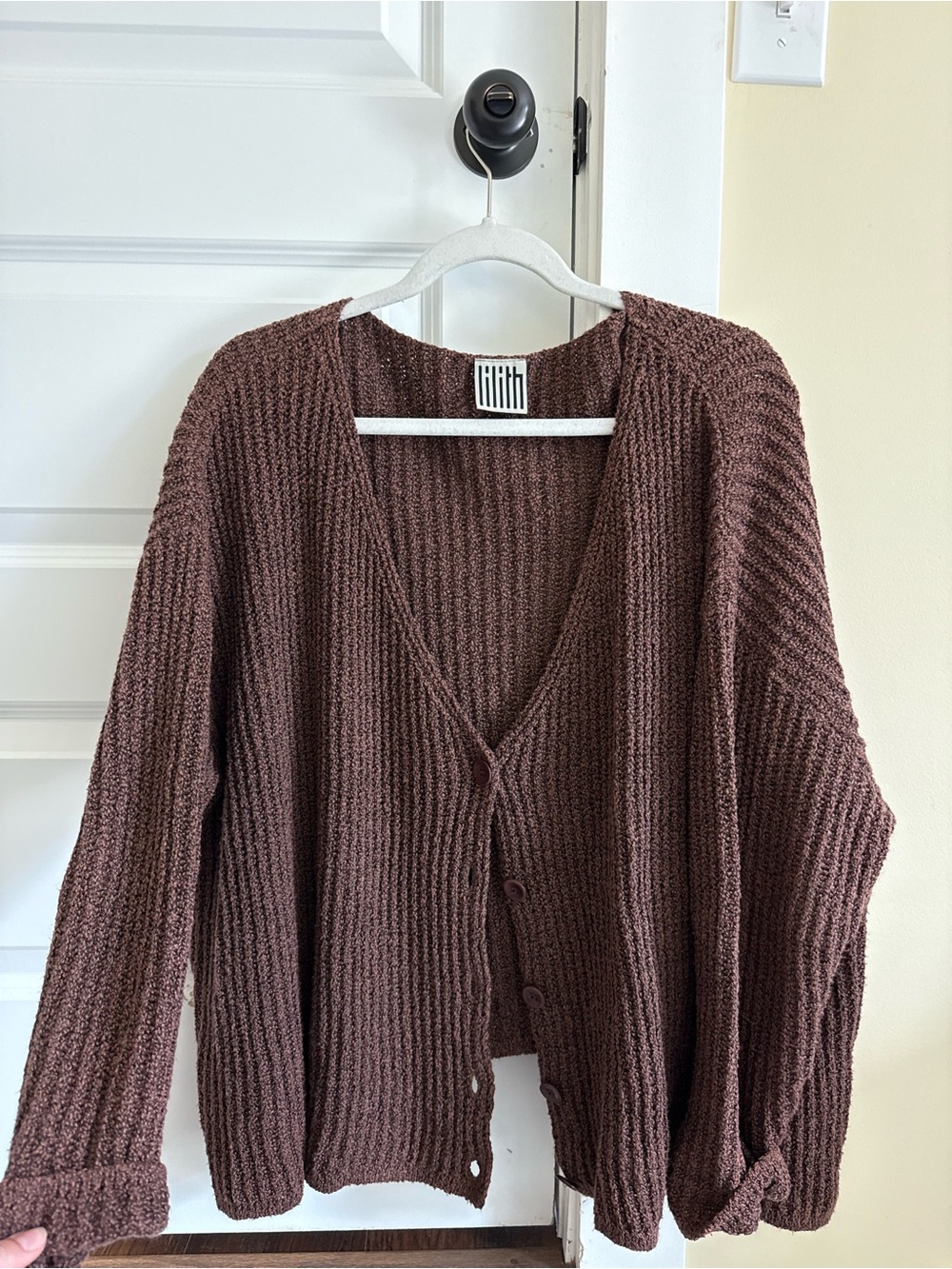 Lilith Brown Chunky V-Neck Button Sweater Cardigan